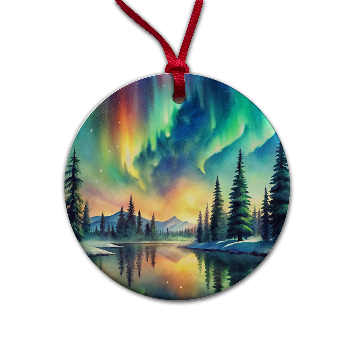 Northern Lights Watercolor Beautiful Round Ceramic Holiday Christmas Tree Ornament