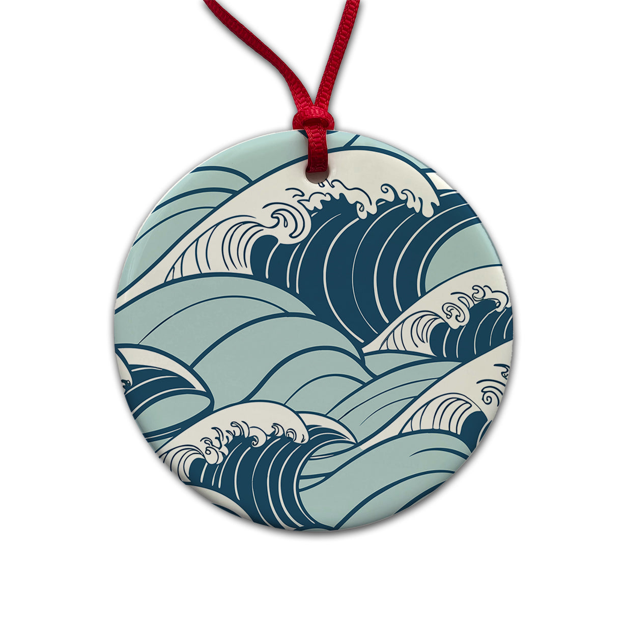 Ocean Waves Japanese Style Round Ceramic Holiday Christmas Tree Ornament