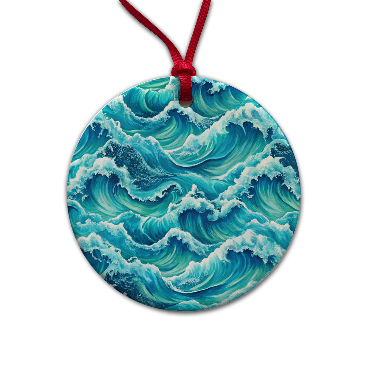 Ocean Waves Pattern Round Ceramic Holiday Christmas Tree Ornament