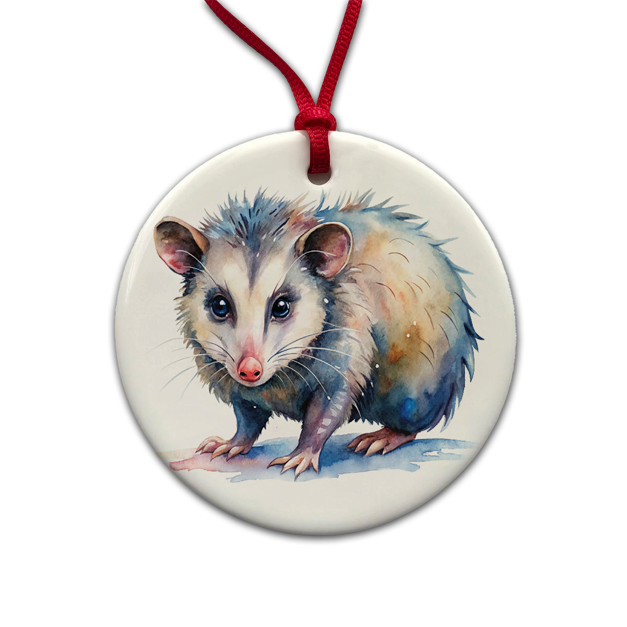 Opossum Watercolor Round Ceramic Holiday Christmas Tree Ornament