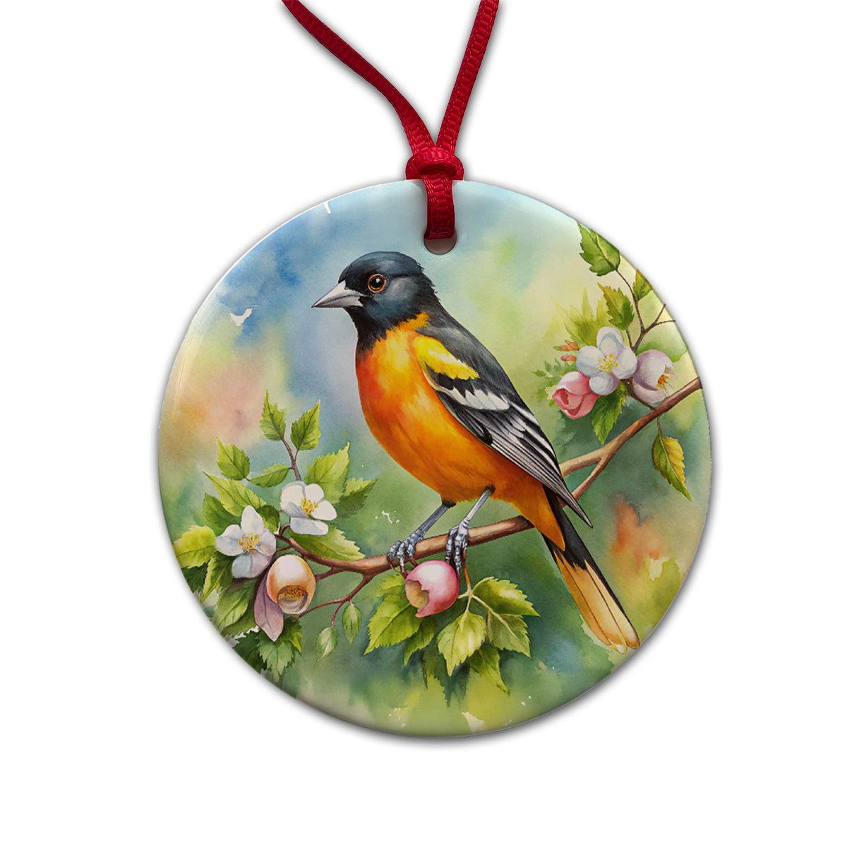 Oriole In Tree Bird Watercolor Round Ceramic Holiday Christmas Tree Ornament
