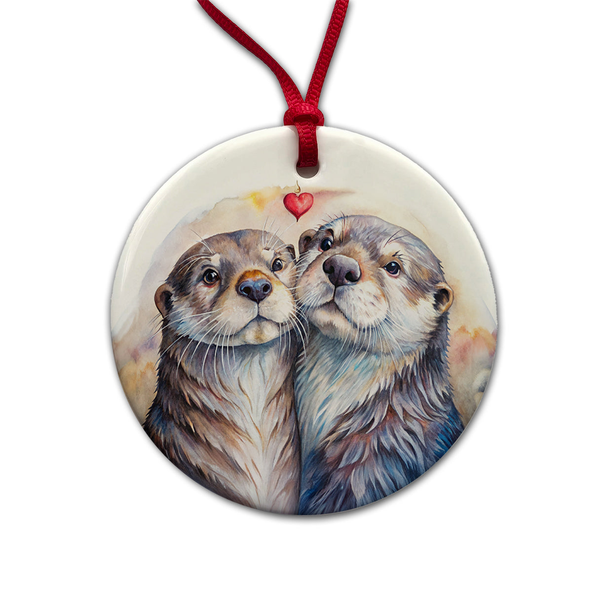 Otters In Love Heart Valentine's Day Round Ceramic Holiday Christmas Tree Ornament
