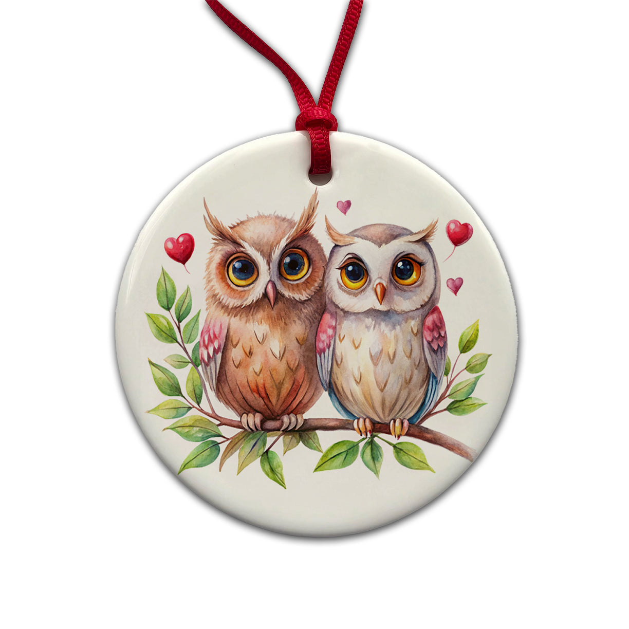Owls In Love On Branch Hearts Valentine's Day Round Ceramic Holiday Christmas Tree Ornament