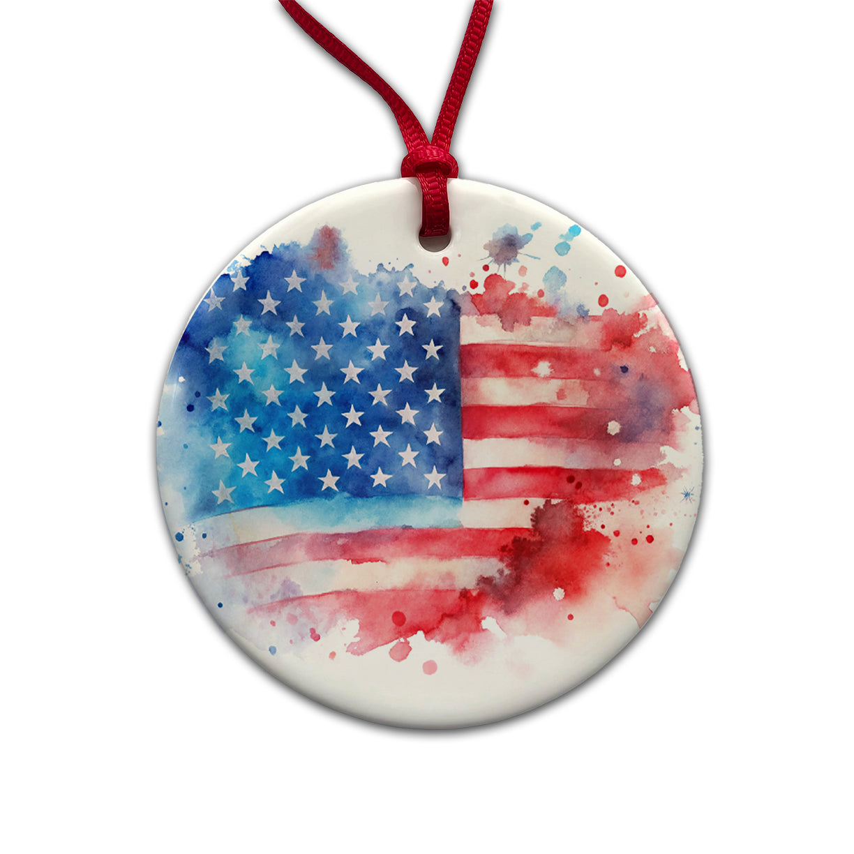 Patriotic American Flag USA Watercolor Round Ceramic Holiday Christmas Tree Ornament