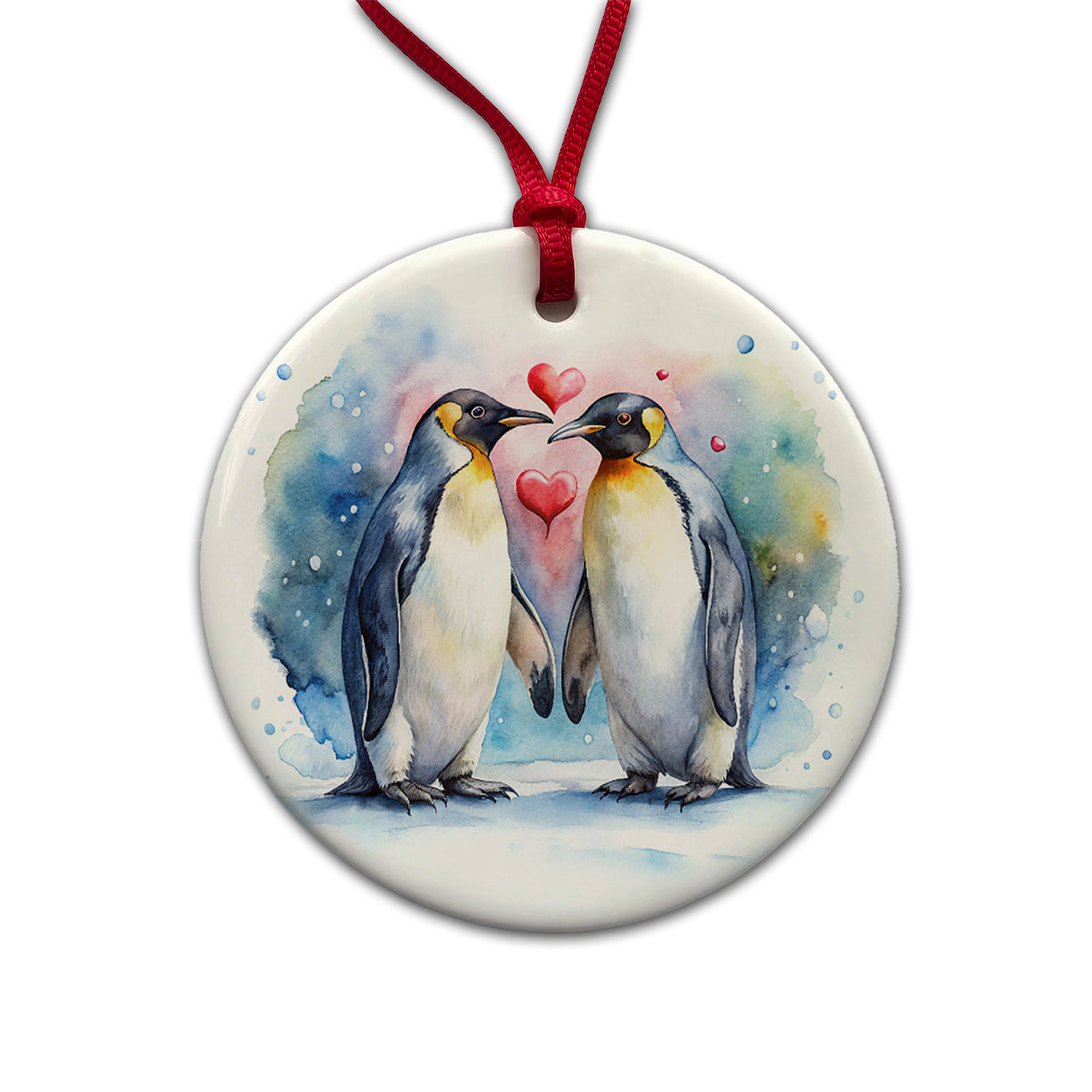 Penguins In Love Hearts Valentine's Day Round Ceramic Holiday Christmas Tree Ornament