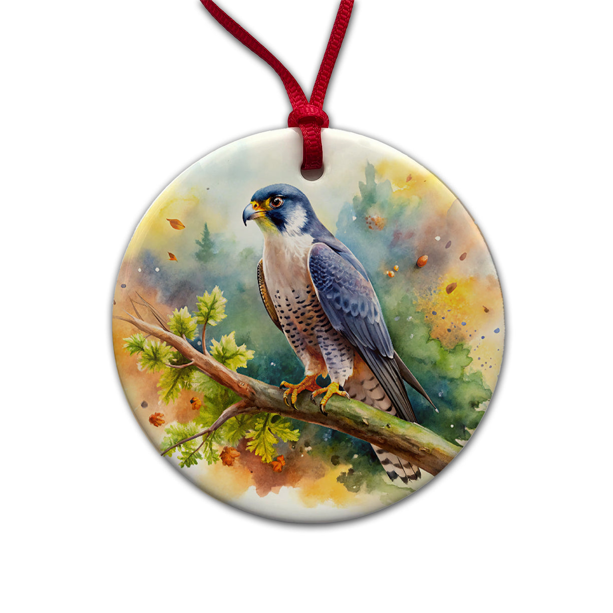 Peregrine Falcon Raptor Bird Of Prey In Tree Watercolor Round Ceramic Holiday Christmas Tree Ornament