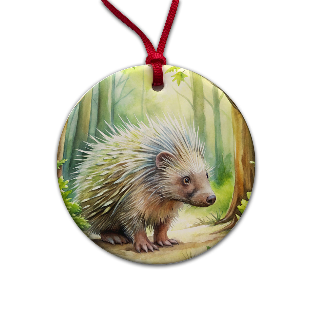 Porcupine In The Forest Watercolor Round Ceramic Holiday Christmas Tree Ornament
