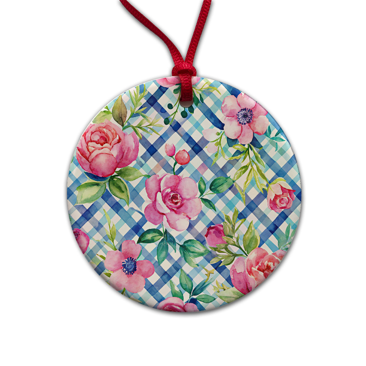 Preppy Pink Flowers Blue Gingham Plaid Round Ceramic Holiday Christmas Tree Ornament