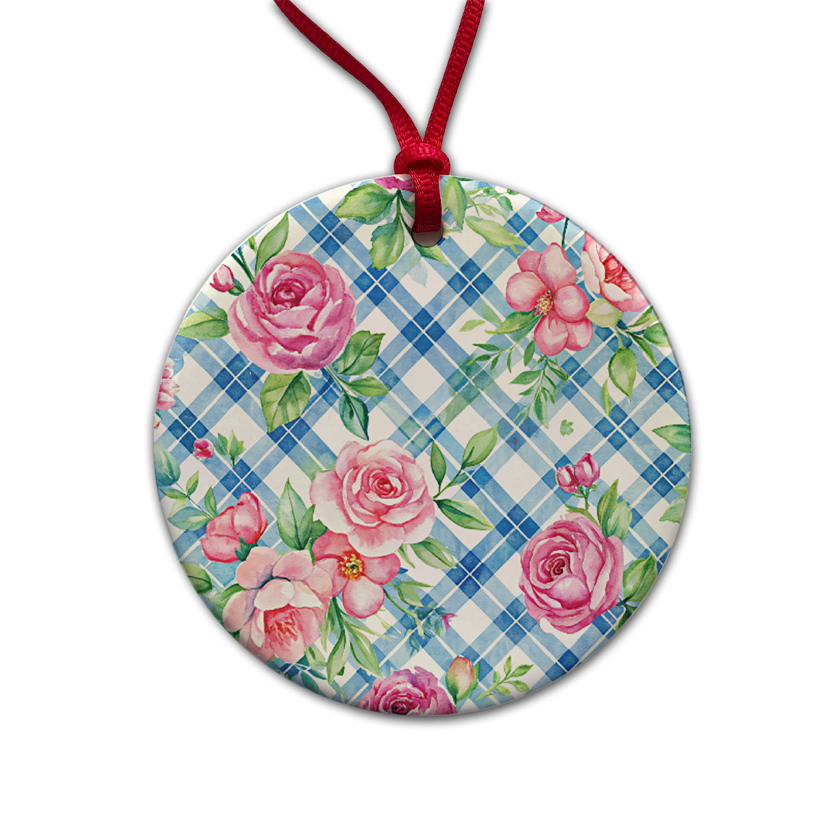 Pretty Pink Flowers Floral Blue Wallpaper Round Ceramic Holiday Christmas Tree Ornament