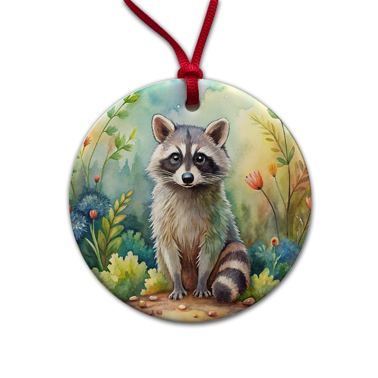 Raccoon In The Forest Watercolor Round Ceramic Holiday Christmas Tree Ornament