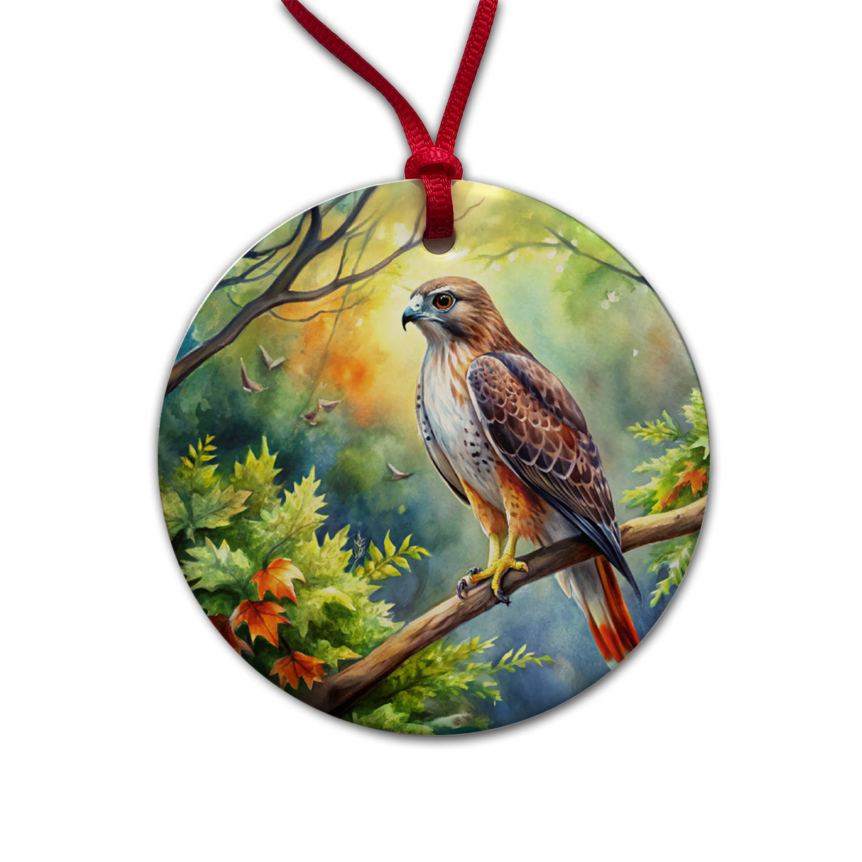 Red-tailed Hawk Raptor Bird Of Prey In Tree Watercolor Round Ceramic Holiday Christmas Tree Ornament