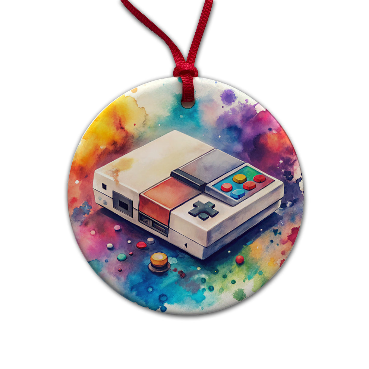 Retro Arcade Console System Watercolor Round Ceramic Holiday Christmas Tree Ornament