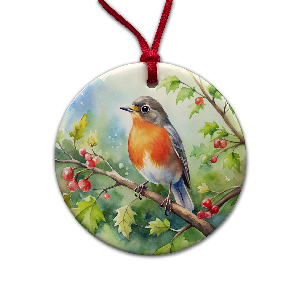 Robin In Tree Bird Watercolor Round Ceramic Holiday Christmas Tree Ornament