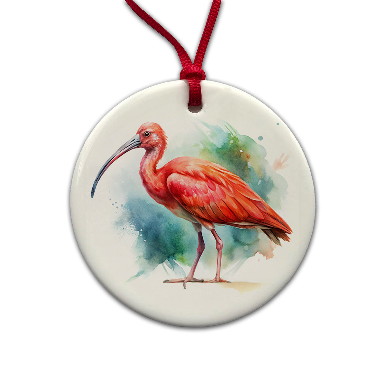 Scarlet Ibis Bird Watercolor Round Ceramic Holiday Christmas Tree Ornament