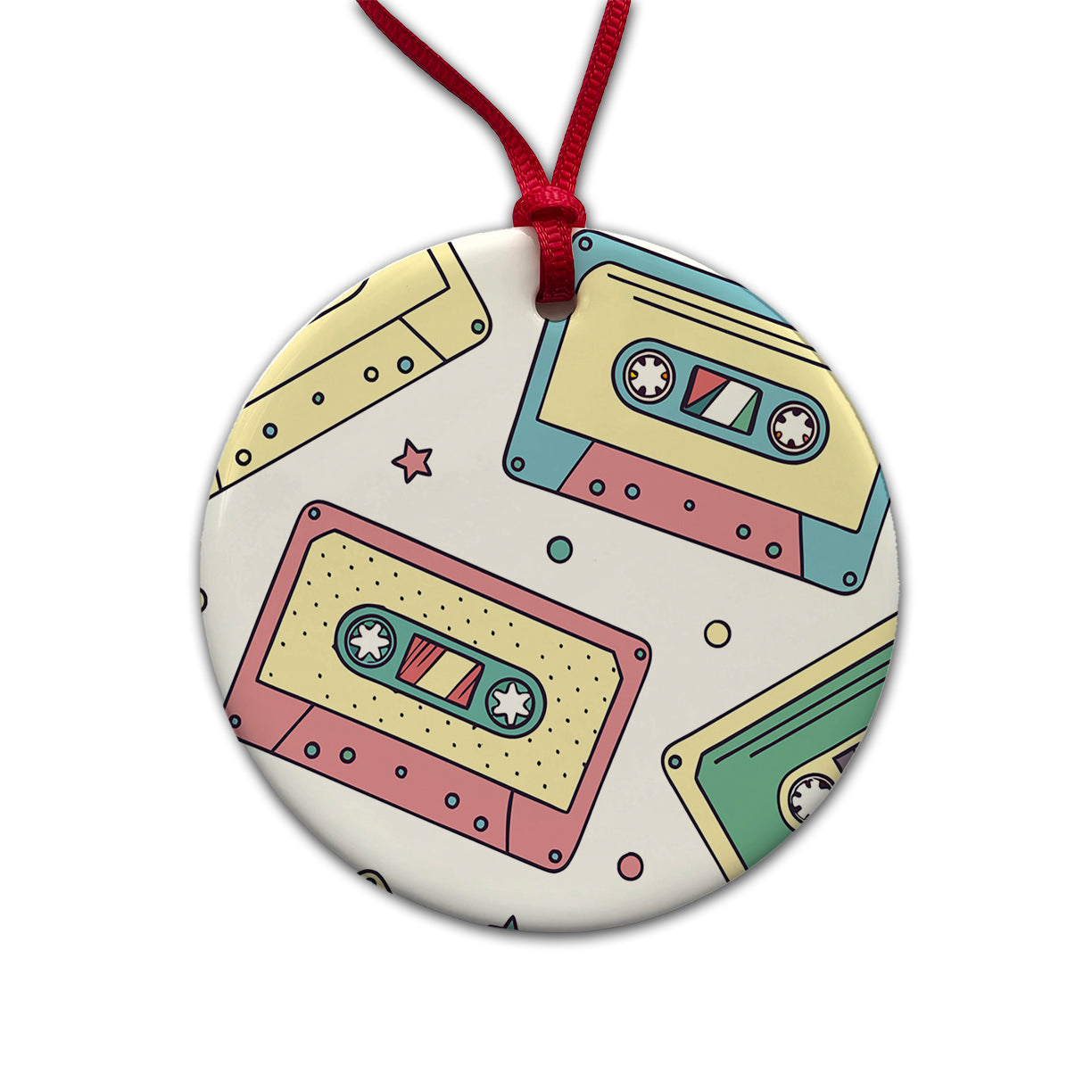 Scattered Cassette Tapes Round Ceramic Holiday Christmas Tree Ornament