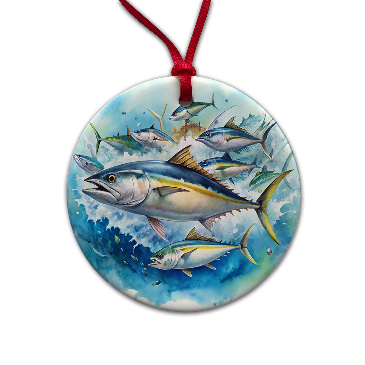 School Of Tuna Deep Sea Sport Fishing Watercolor Round Ceramic Holiday Christmas Tree Ornament