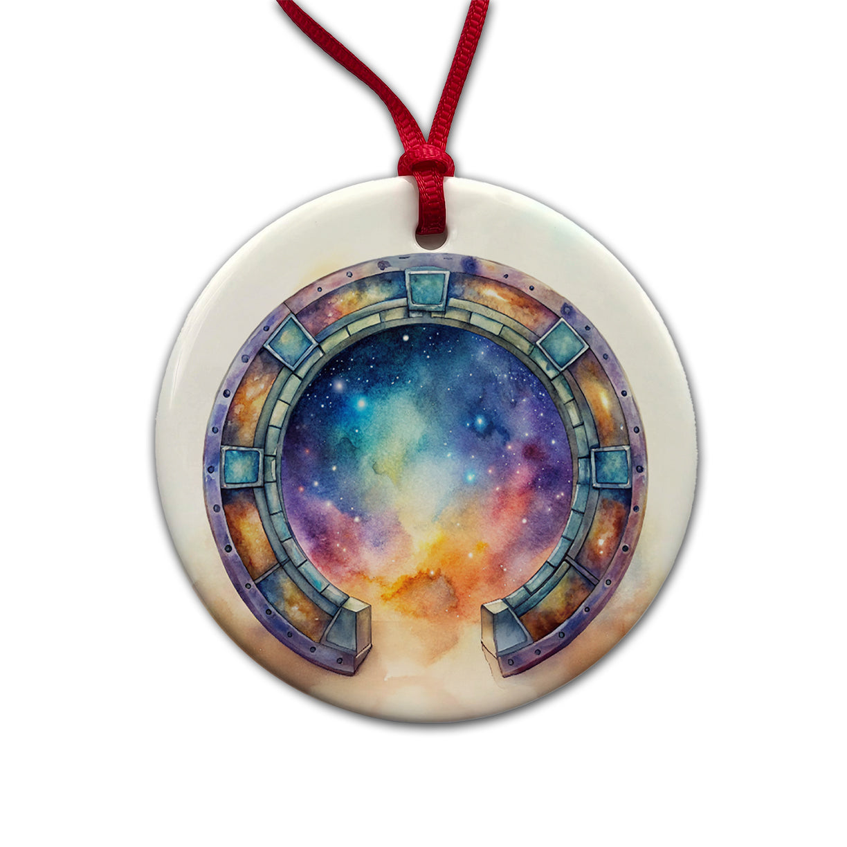Sci-fi Gate Portal To The Stars Galaxies Watercolor Round Ceramic Holiday Christmas Tree Ornament