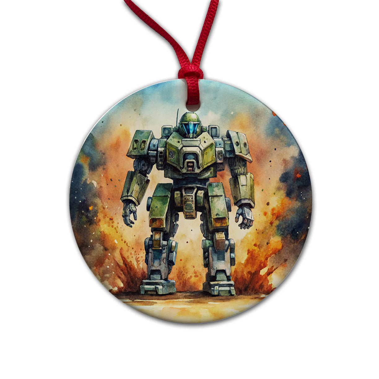 Sci-fi Giant Robot Warrior Mech Watercolor Round Ceramic Holiday Christmas Tree Ornament