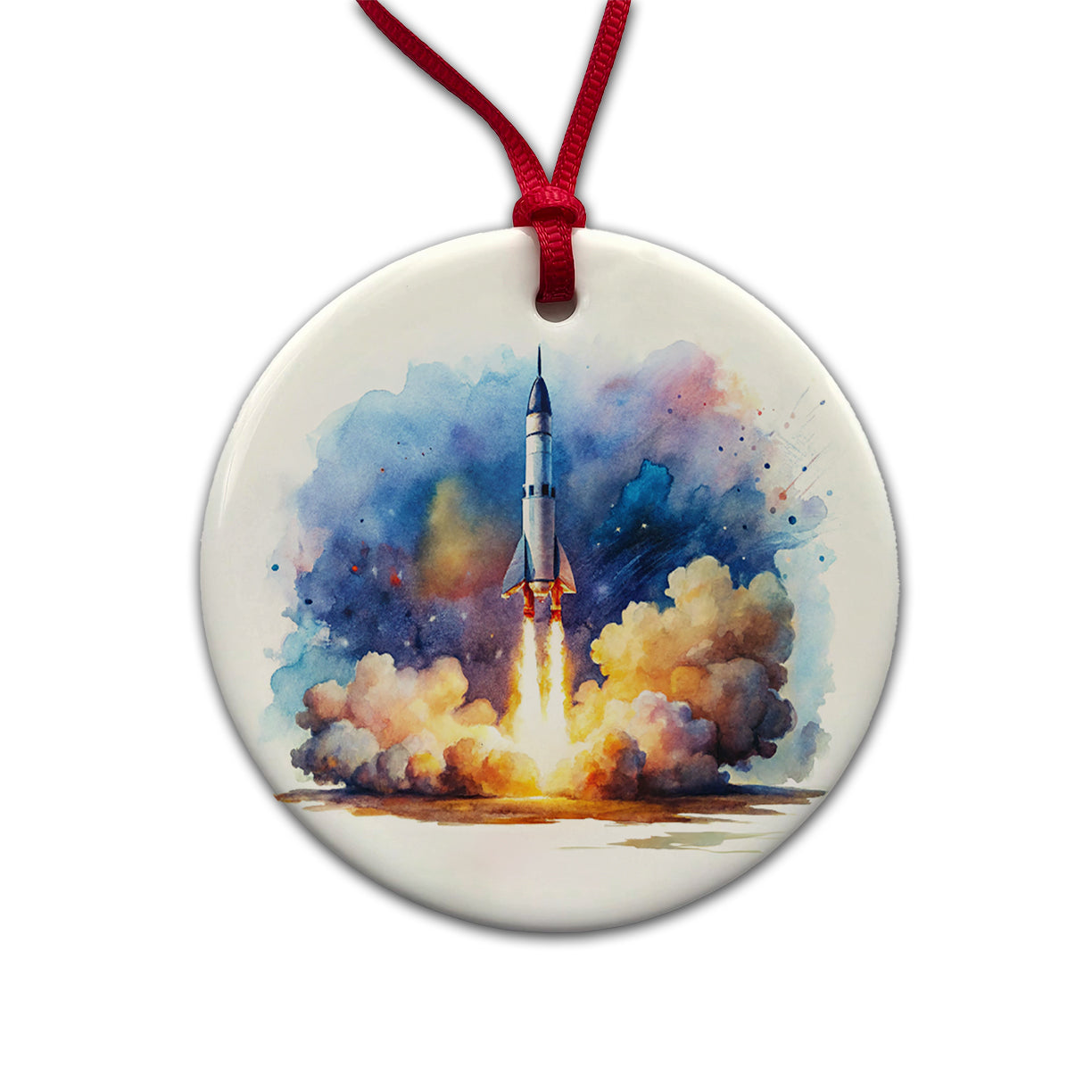 Sci-fi Missile Rocket Launch Watercolor Round Ceramic Holiday Christmas Tree Ornament