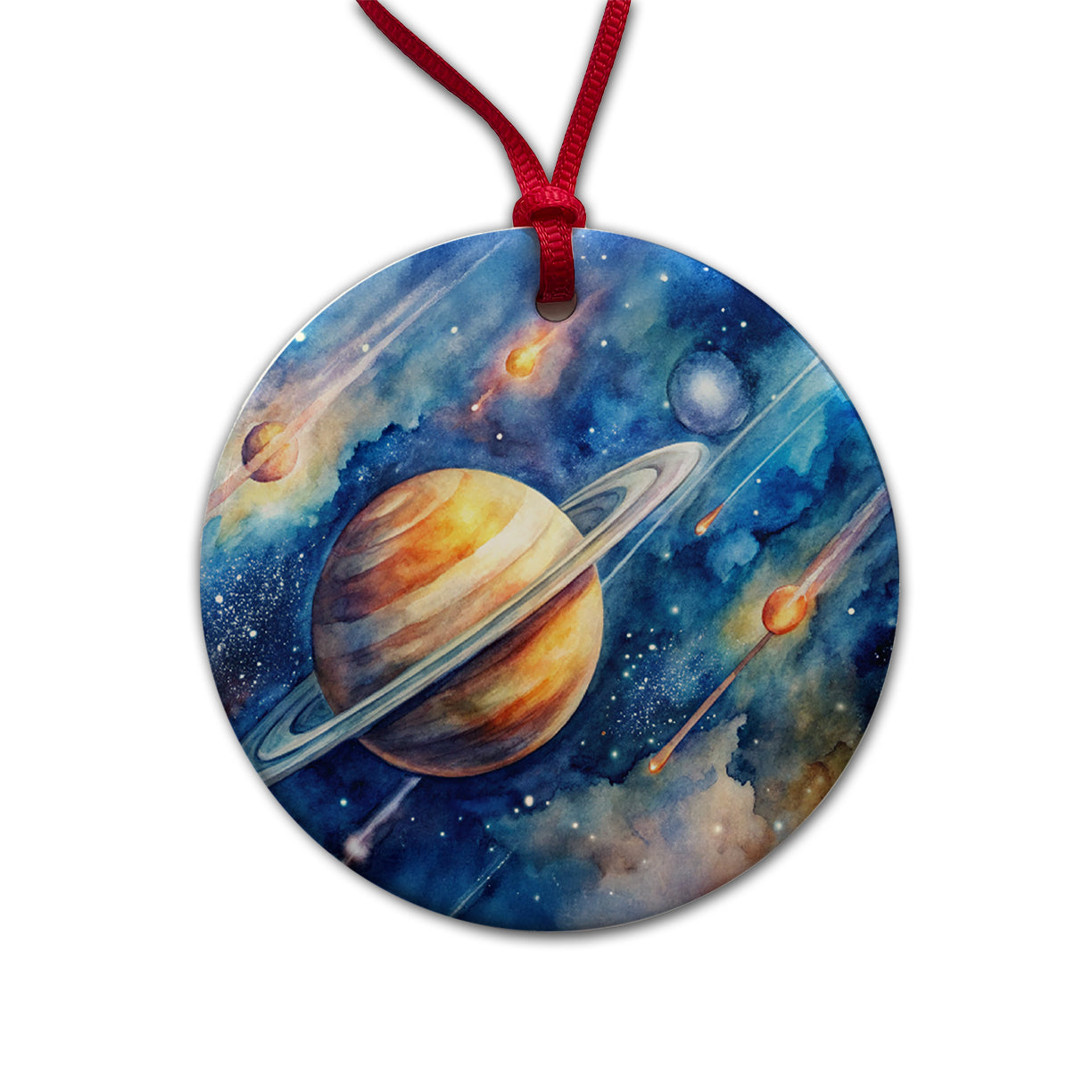 Sci-fi Planet Saturn Meteor Shower Round Ceramic Holiday Christmas Tree Ornament