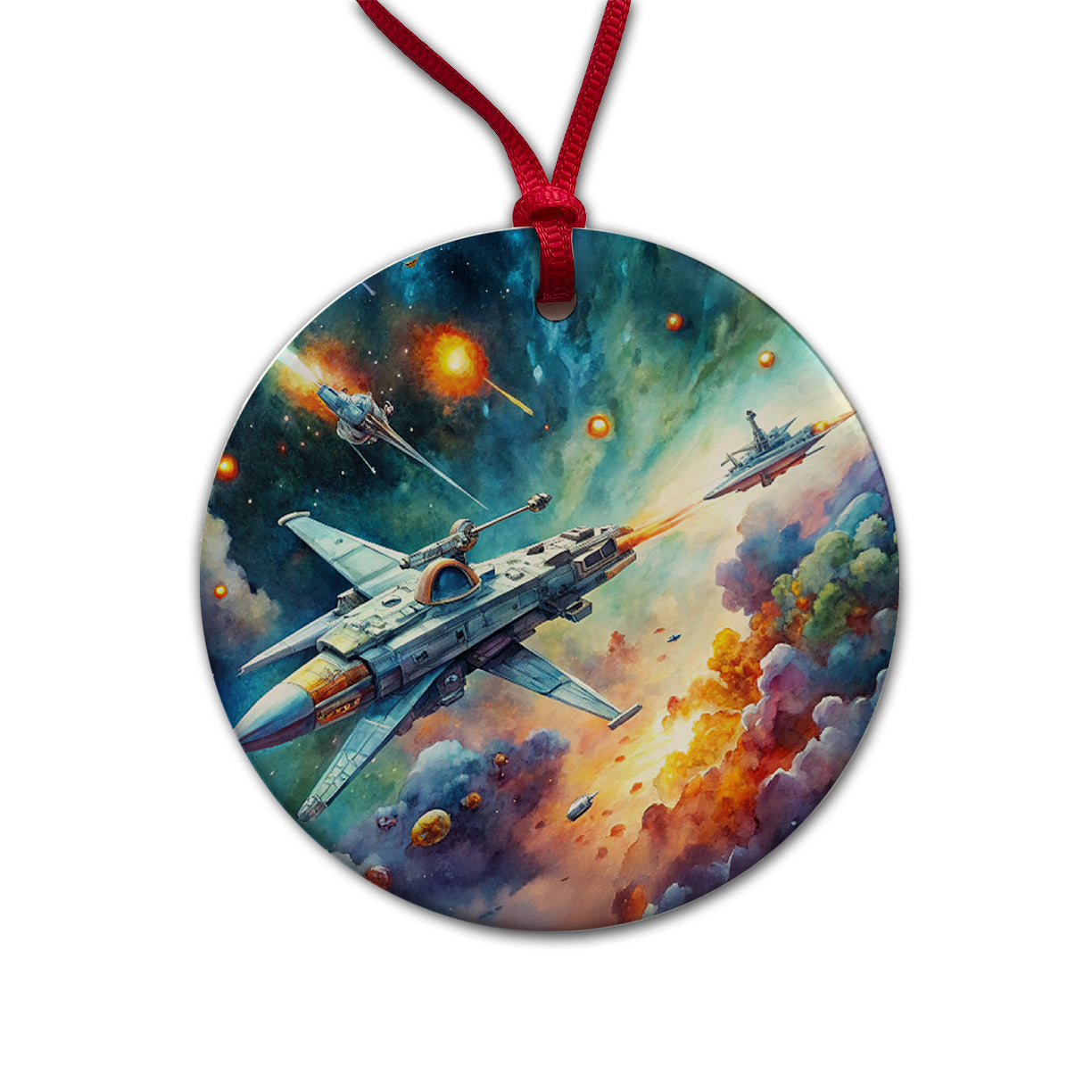 Sci-fi Spaceships Fighting In Space Watercolor Round Ceramic Holiday Christmas Tree Ornament