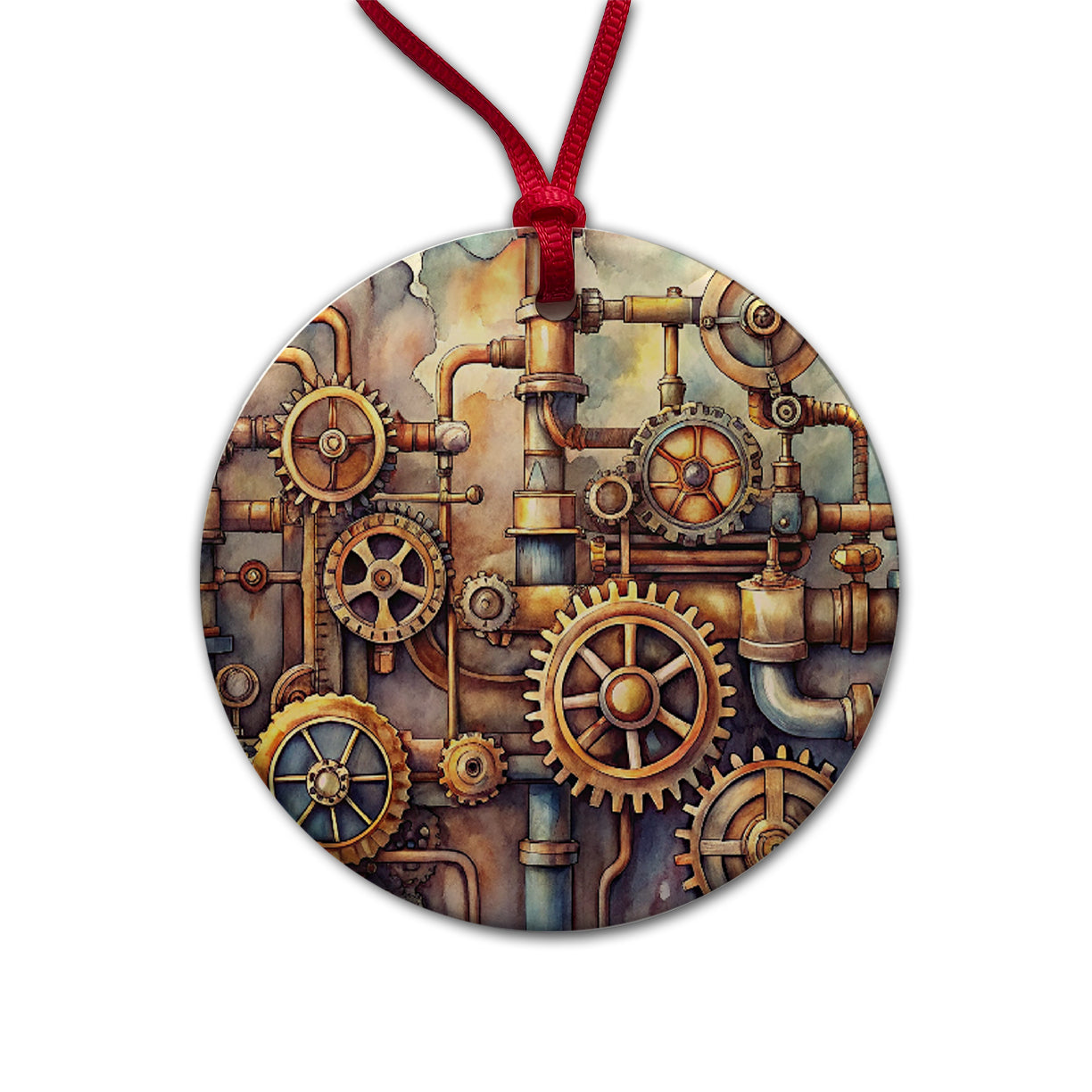 Sci-fi Steampunk Gears Pipes Watercolor Round Ceramic Holiday Christmas Tree Ornament