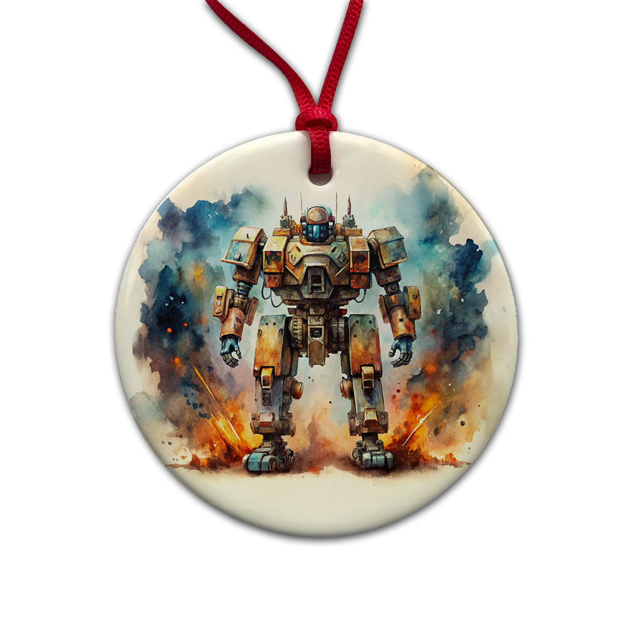 Sci-fi Steampunk Giant Robot Warrior Mech Watercolor Round Ceramic Holiday Christmas Tree Ornament