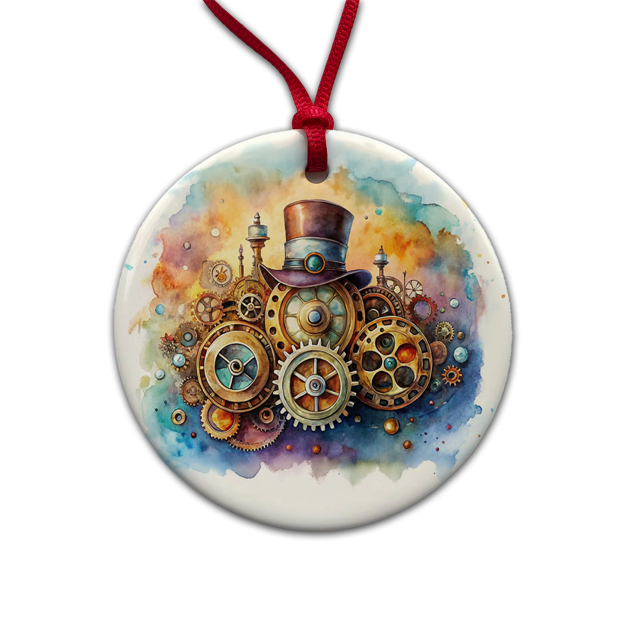 Sci-fi Steampunk Hat And Gears Watercolor Round Ceramic Holiday Christmas Tree Ornament