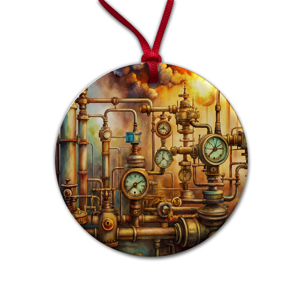 Sci-fi Steampunk Pipes Gauges Steam Fire Watercolor Round Ceramic Holiday Christmas Tree Ornament