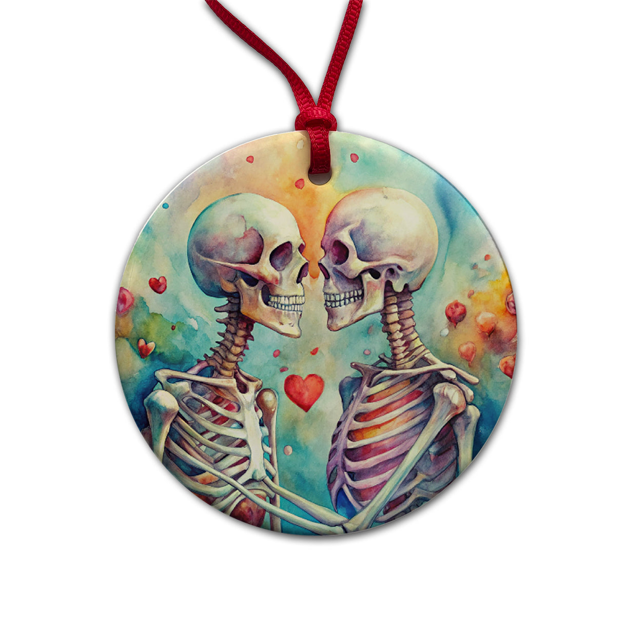 Skeletons In Love Hearts Valentine's Day Round Ceramic Holiday Christmas Tree Ornament