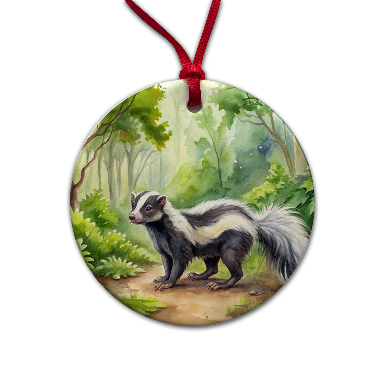 Skunk In The Forest Watercolor Round Ceramic Holiday Christmas Tree Ornament