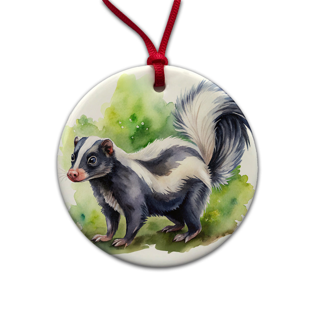 Skunk Watercolor Round Ceramic Holiday Christmas Tree Ornament