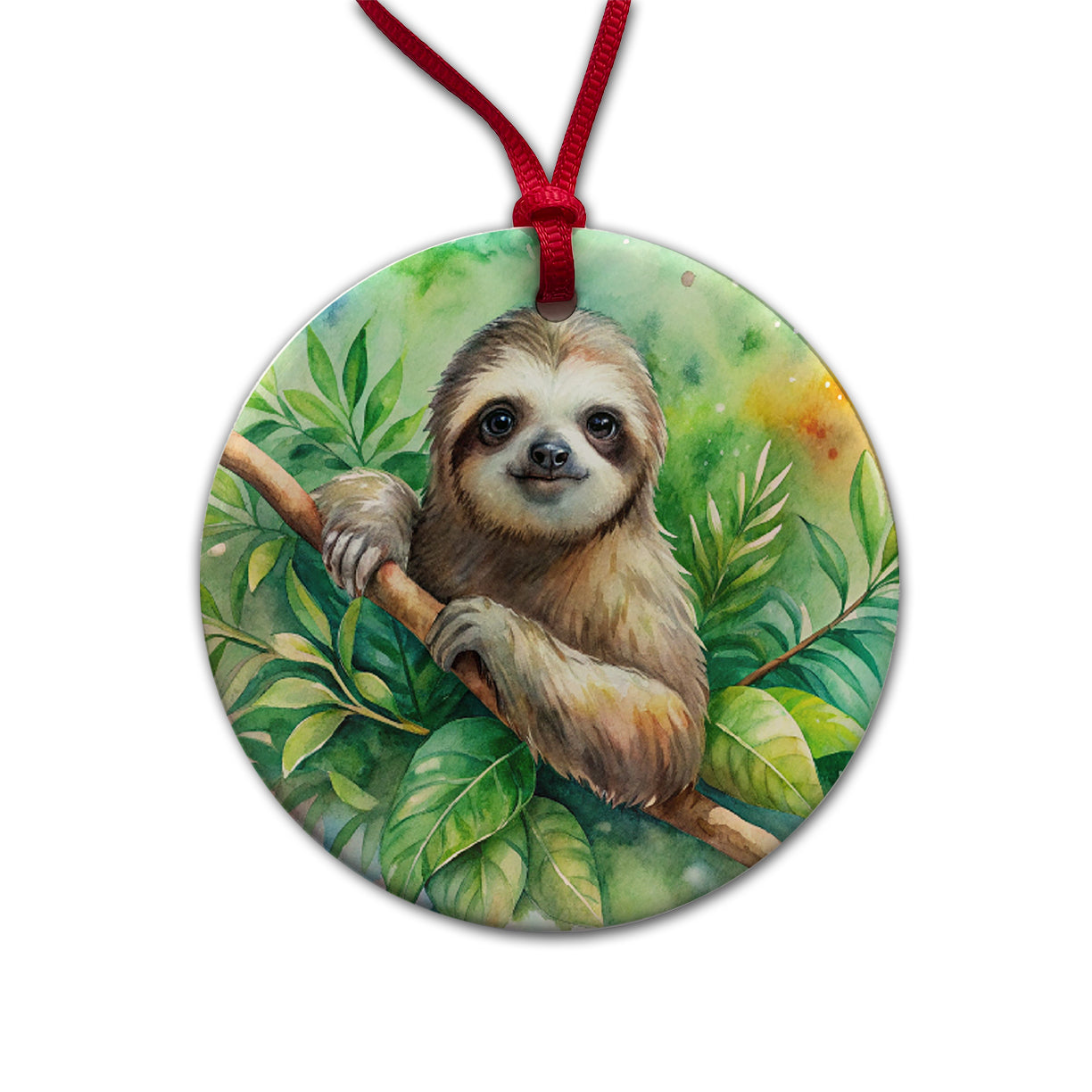 Sloth In A Tree Watercolor Round Ceramic Holiday Christmas Tree Ornament