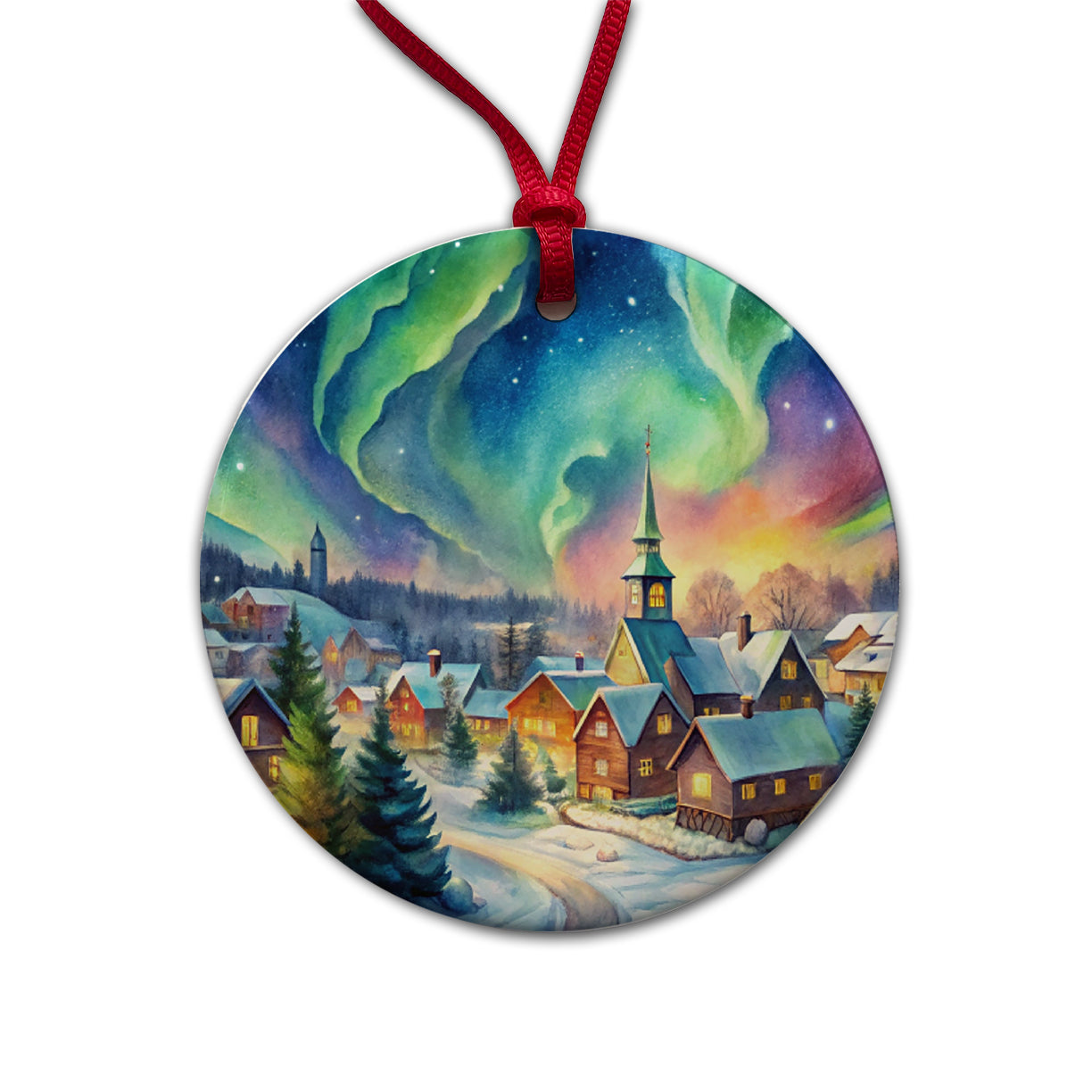 Small Town Northern Lights Watercolor Round Ceramic Holiday Christmas Tree Ornament