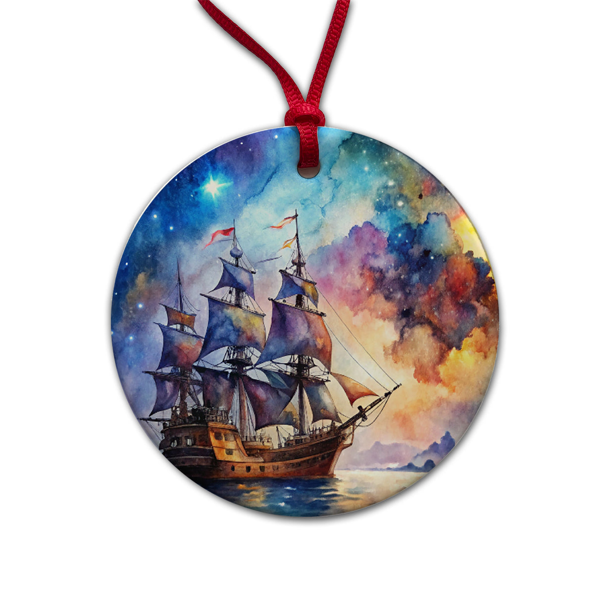 Space Pirate Ship Watercolor Round Ceramic Holiday Christmas Tree Ornament