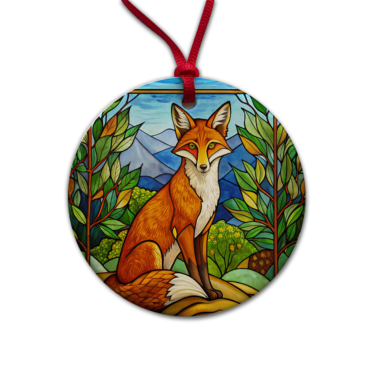Stained Glass Fox Sitting Round Ceramic Holiday Christmas Tree Ornament