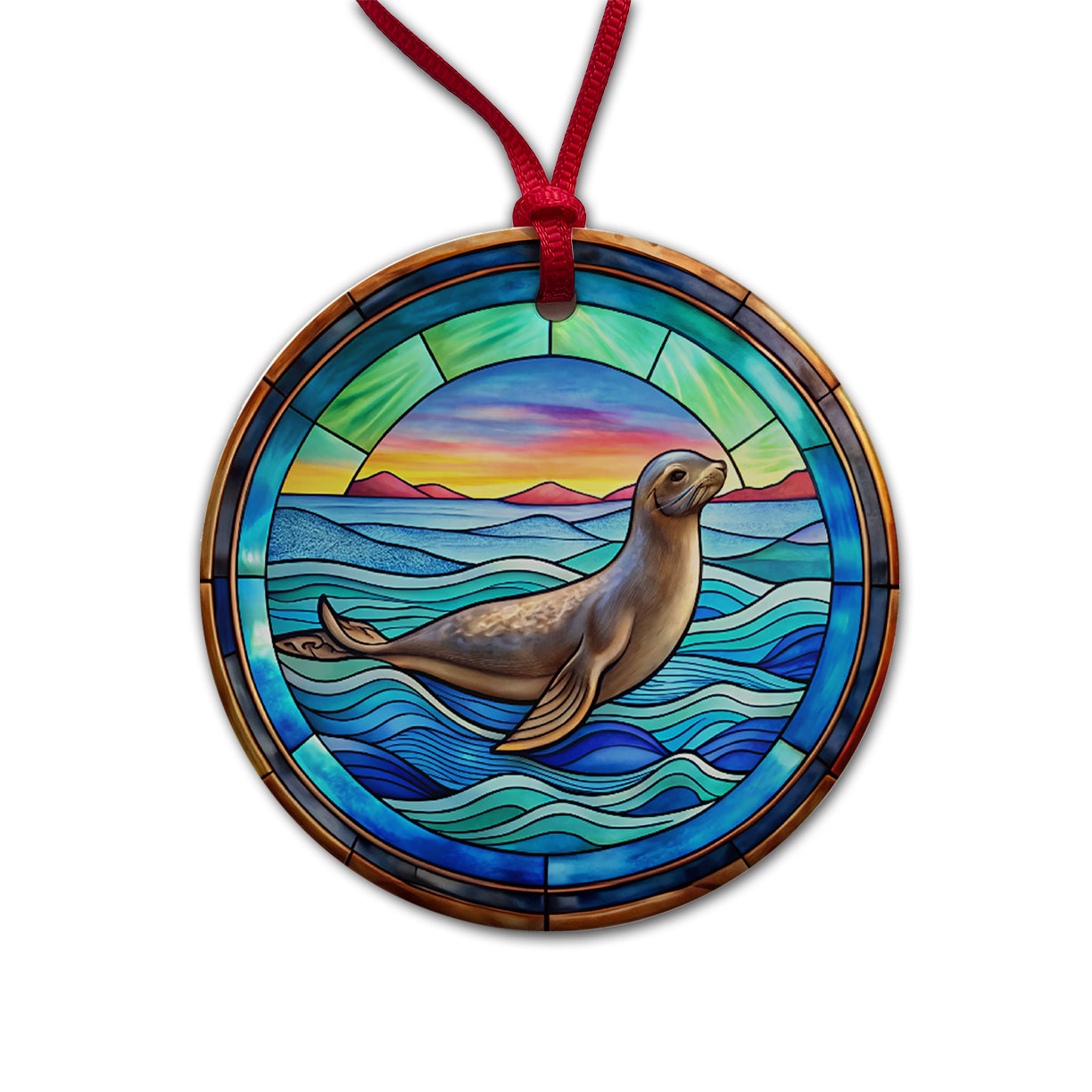 Stained Glass Seal In The Ocean Round Ceramic Holiday Christmas Tree Ornament