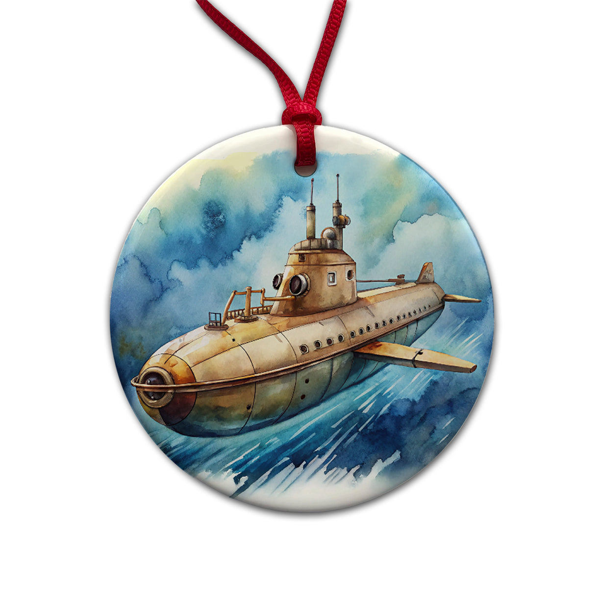Steampunk Sci-fi Fantasy Flying Submarine Round Ceramic Holiday Christmas Tree Ornament