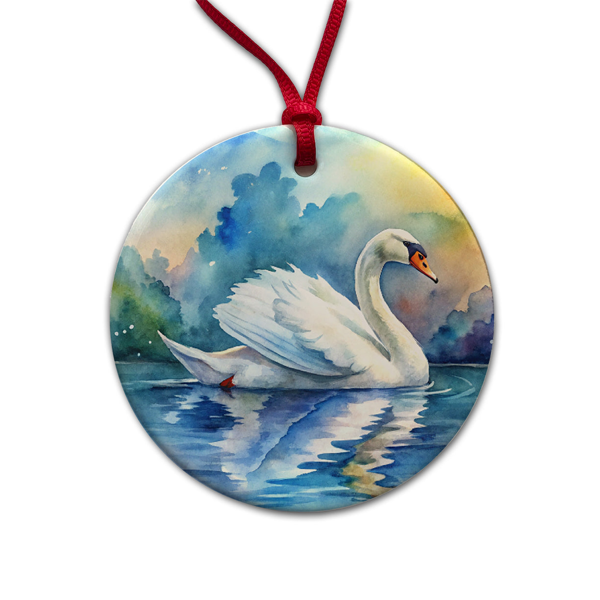 Swan Gliding Across Lake Watercolor Round Ceramic Holiday Christmas Tree Ornament