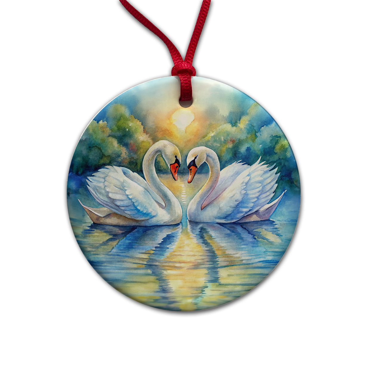 Swans In Love Valentine's Day Round Ceramic Holiday Christmas Tree Ornament