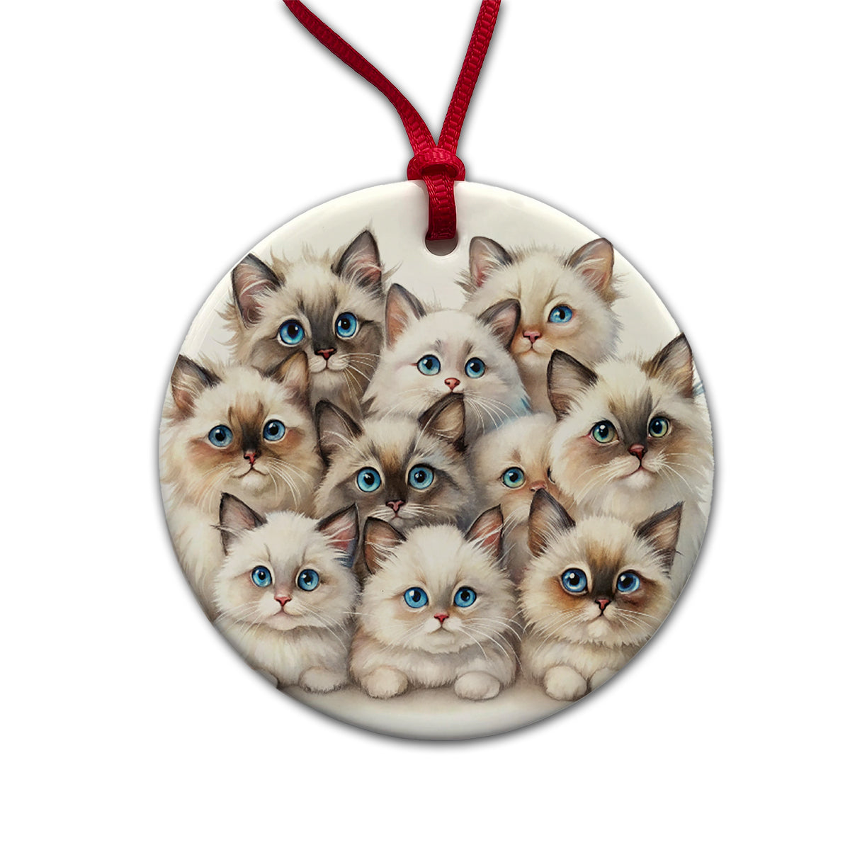 Sweet Birman Cats Round Ceramic Holiday Christmas Tree Ornament