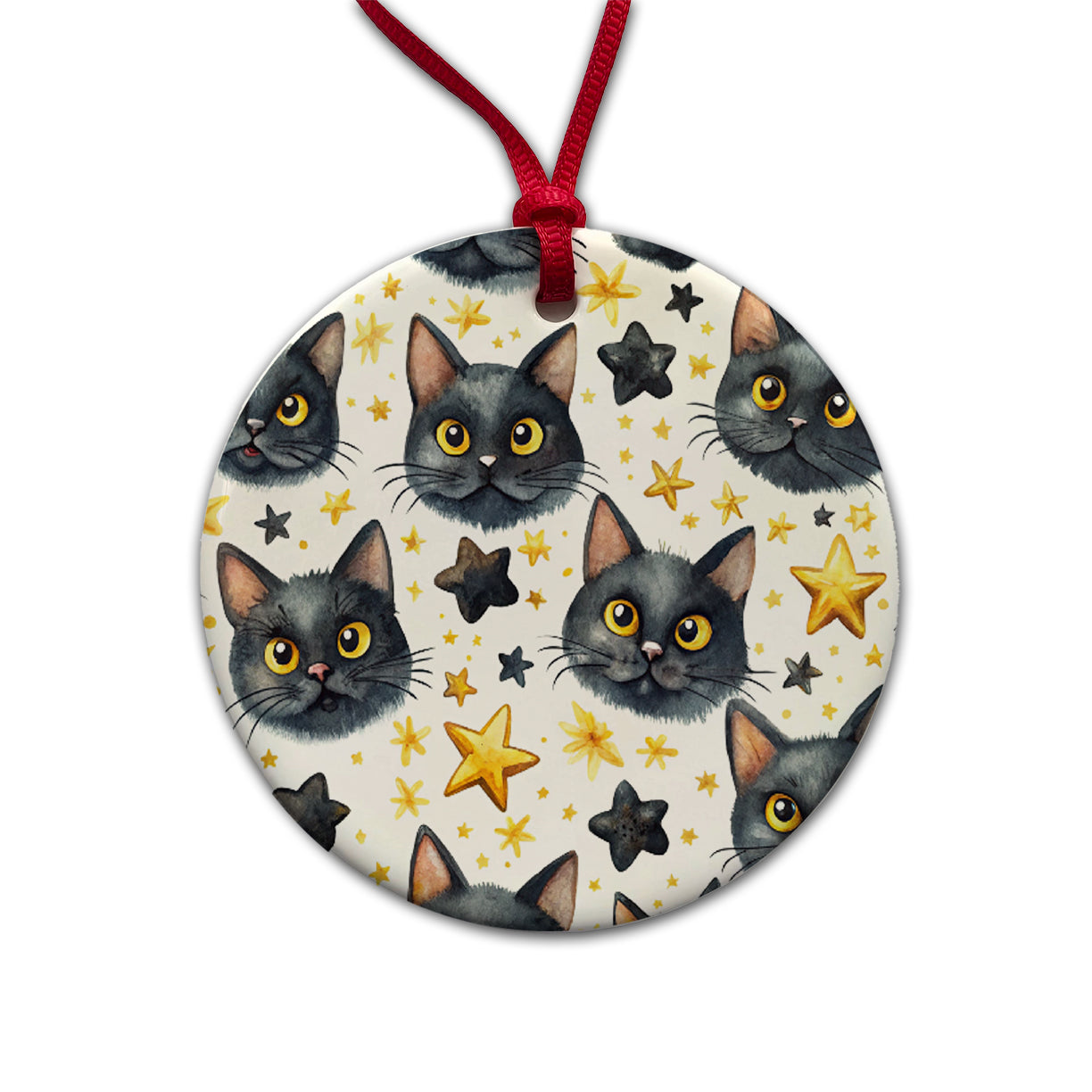 Sweet Black Cat Faces Yellow Stars Round Ceramic Holiday Christmas Tree Ornament