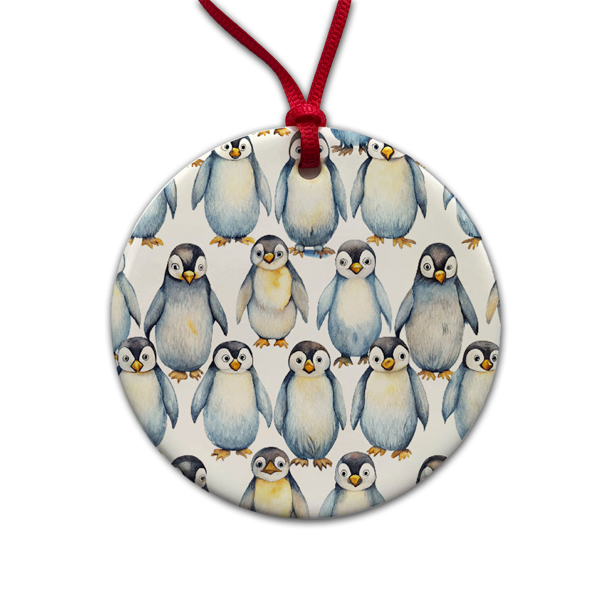 Sweet Emperor Penguins Round Ceramic Holiday Christmas Tree Ornament