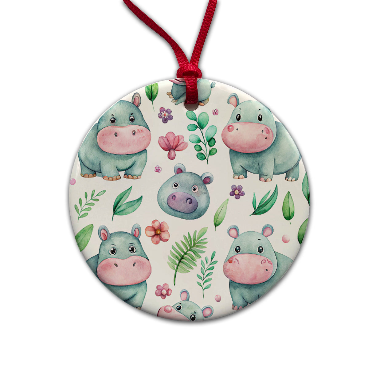 Sweet Hippos Round Ceramic Holiday Christmas Tree Ornament