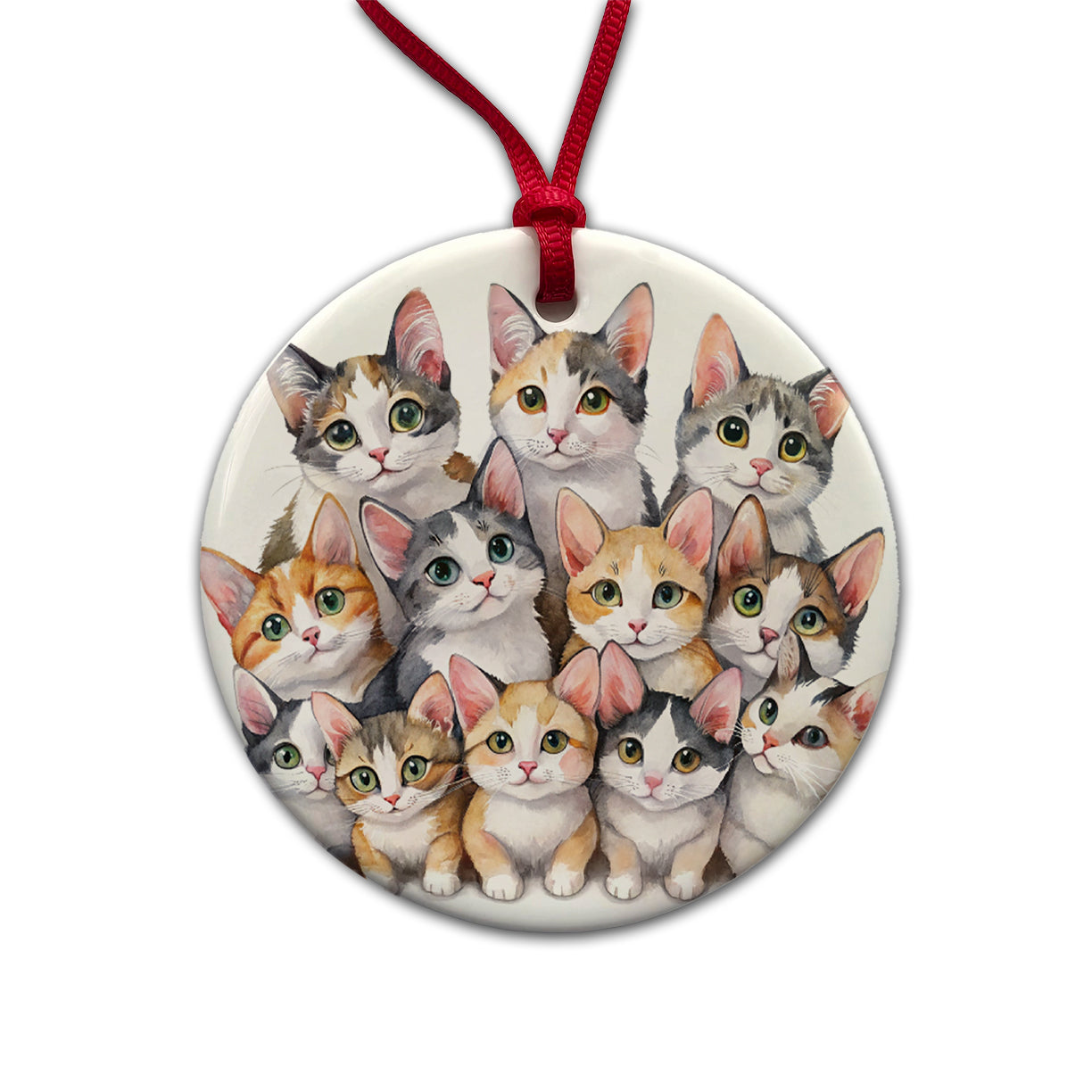 Sweet Japanese Bobtail Cats Round Ceramic Holiday Christmas Tree Ornament