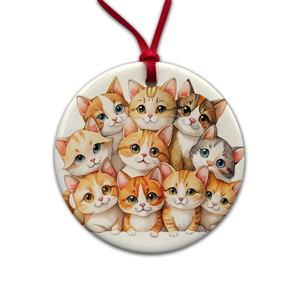 Sweet Orange And White Cats Round Ceramic Holiday Christmas Tree Ornament