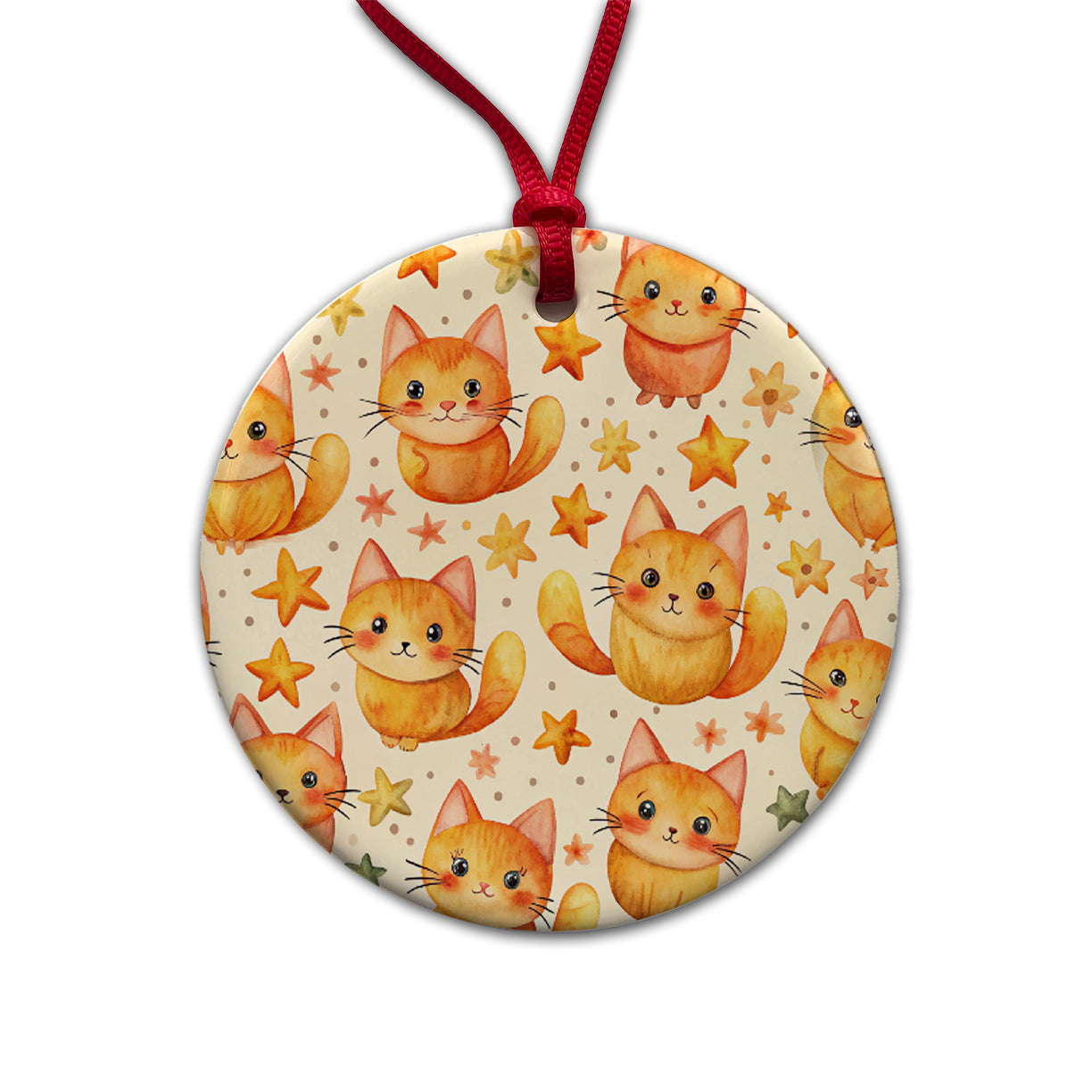 Sweet Orange Cats Yellow Stars Round Ceramic Holiday Christmas Tree Ornament