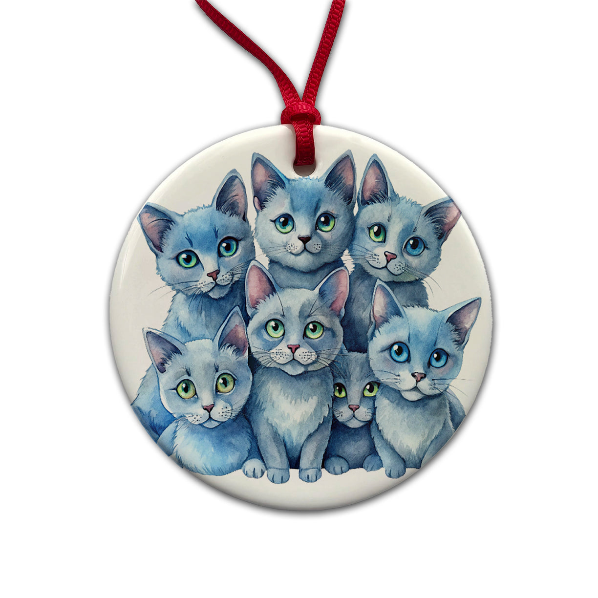 Sweet Russian Blue Cats Round Ceramic Holiday Christmas Tree Ornament