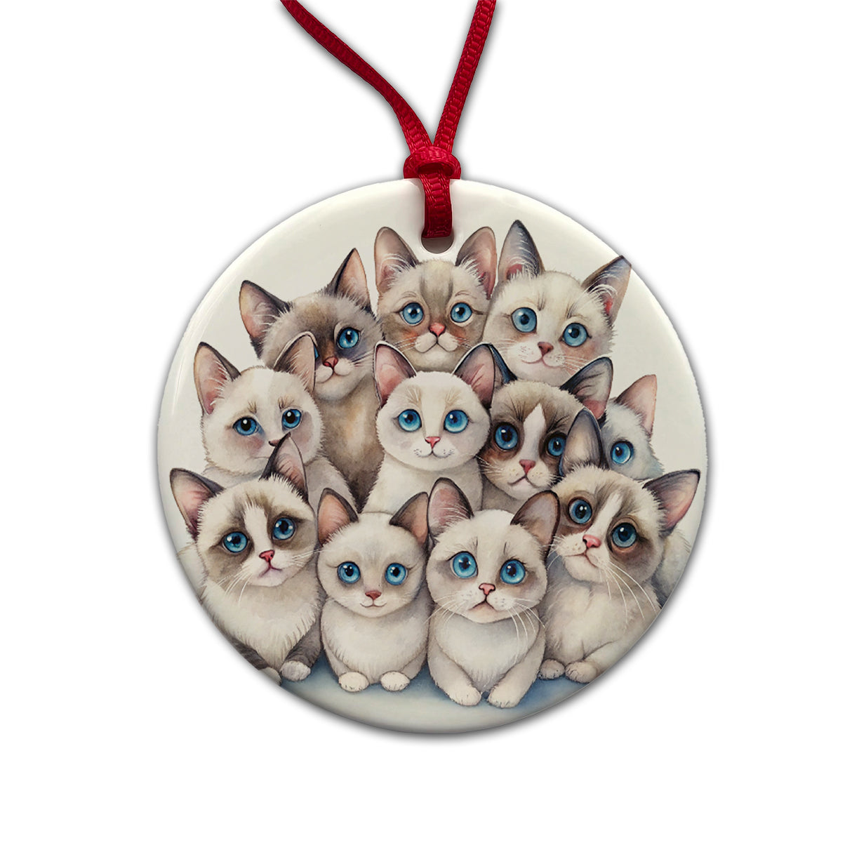 Sweet Snowshoe Cats Round Ceramic Holiday Christmas Tree Ornament
