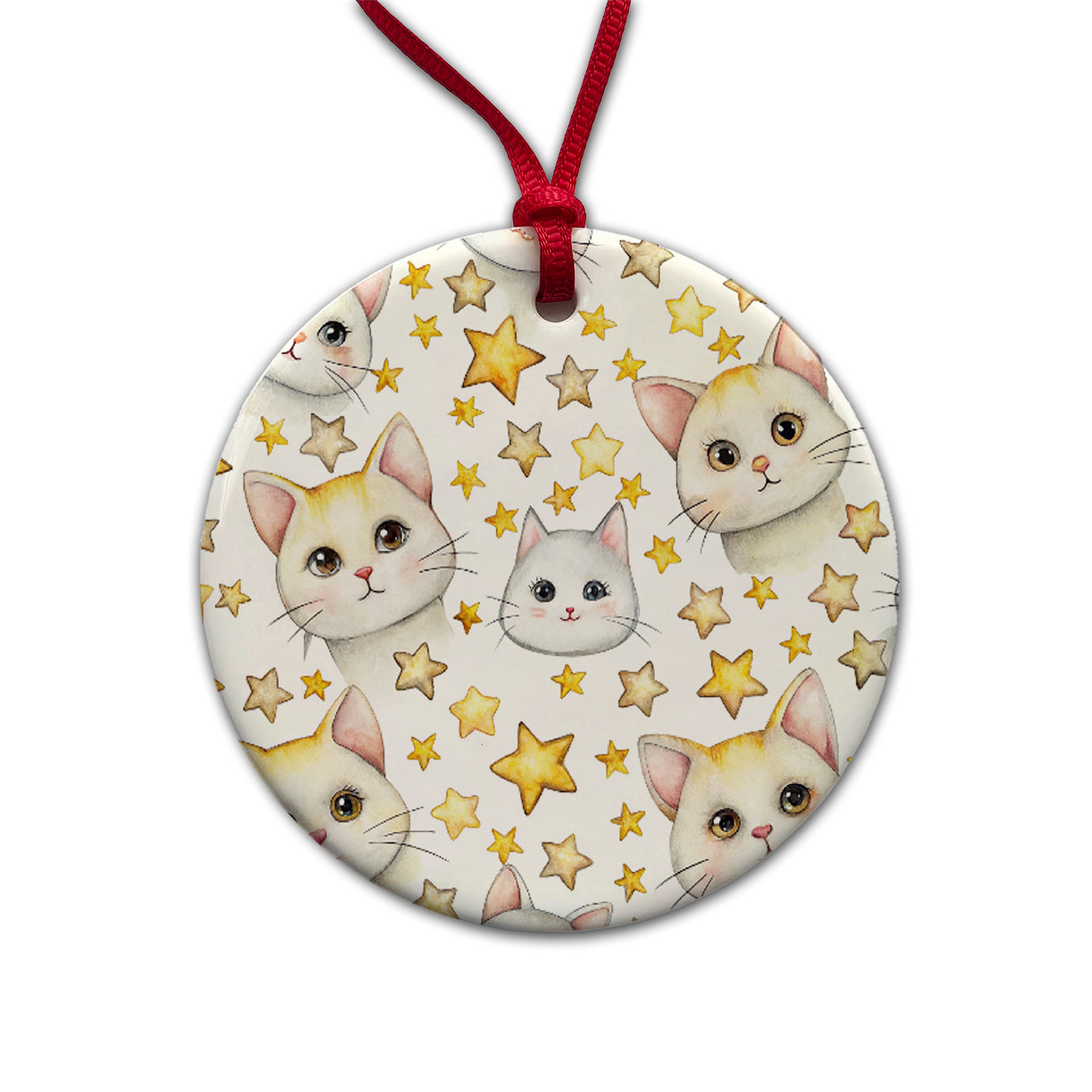 Sweet White Cats Yellow Stars Round Ceramic Holiday Christmas Tree Ornament